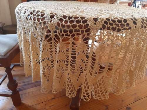 Round, beige/ apricot, crochet tablecloth - 190 cm diameter