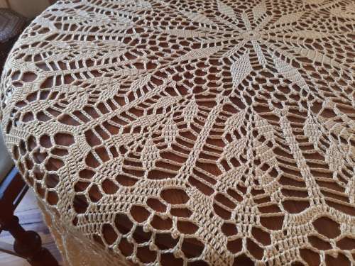Round, beige/ apricot, crochet tablecloth - 190 cm diameter