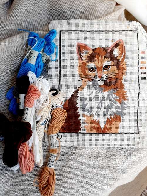 Tapestry canvas of a cat - with cottons - 20.5 x 15cm - half completed