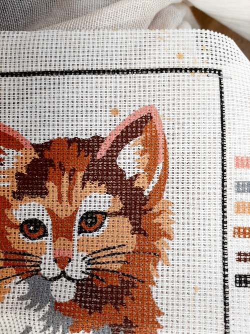 Tapestry canvas of a cat - with cottons - 20.5 x 15cm - half completed