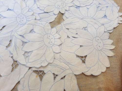 Set of 12 small embroidered doilies - white with blue stitching - cutwork
