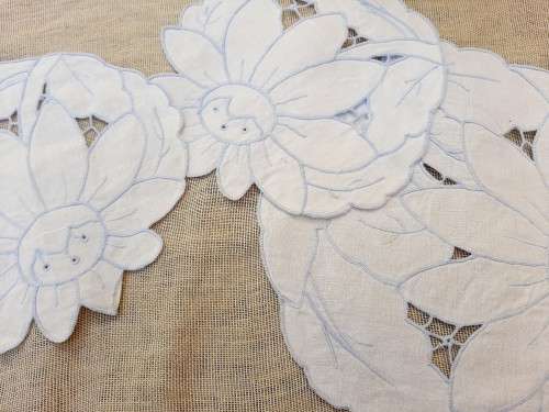 Set of 12 small embroidered doilies - white with blue stitching - cutwork