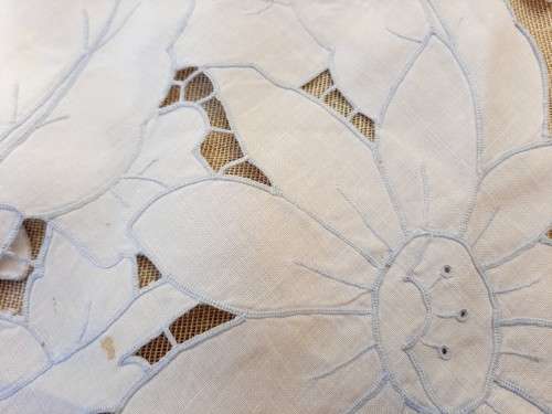 Set of 12 small embroidered doilies - white with blue stitching - cutwork
