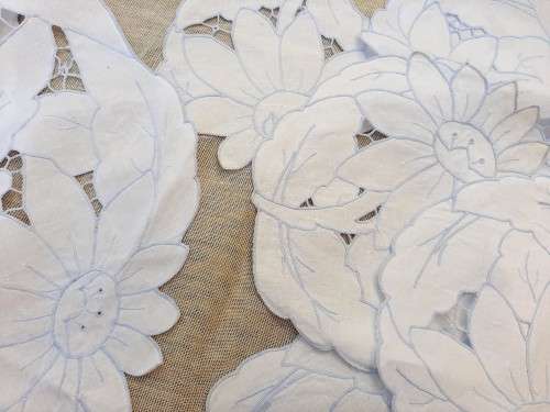 Set of 12 small embroidered doilies - white with blue stitching - cutwork