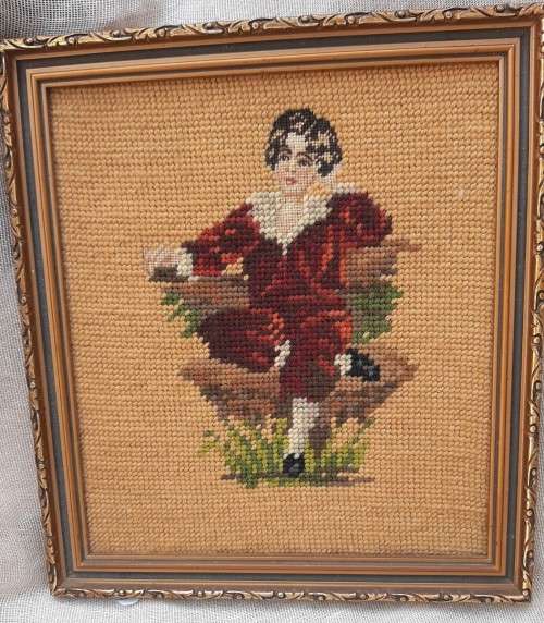Tapestry - with petit point face -  framed without glass - 19 x 22 cm (inside of frame)