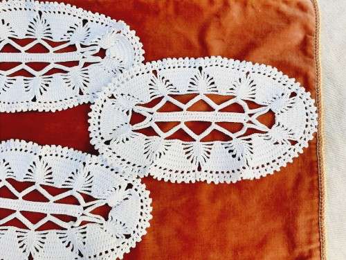 3 oval shaped crochet white doilie 30 x 16cm - chunky