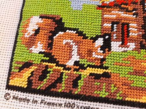 Completed tapestry of a squirrel 14cm x 18cm