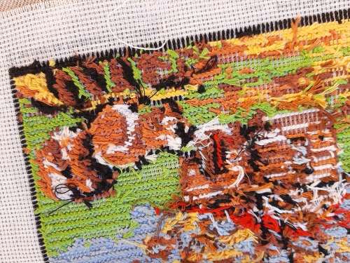 Completed tapestry of a squirrel 14cm x 18cm