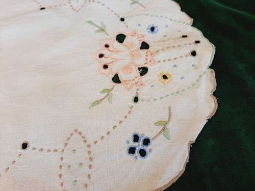 White embroidered tray cloth 45 x 32cm - linen