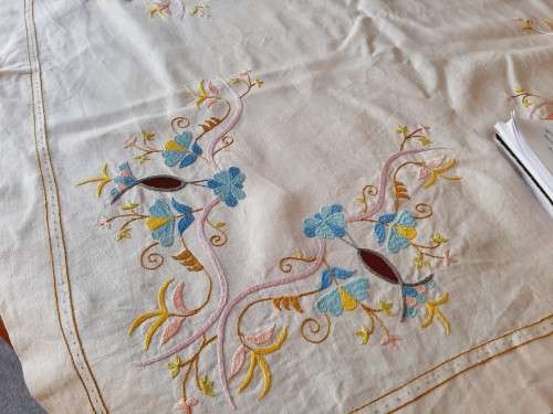 Cream, linen, embroidered tablecloth - square - 88 x 88cm