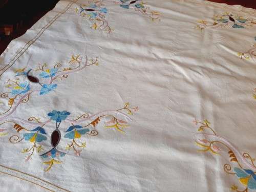 Cream, linen, embroidered tablecloth - square - 88 x 88cm