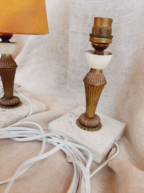 2 chrome and marble lamps with vintage shades - made in Italy
