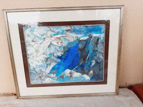 Silk batik with threadwork  barn owl  52 x 43cm
