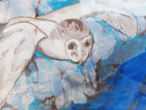 Silk batik with threadwork  barn owl  52 x 43cm