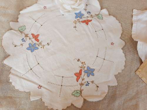 Round embroidered doilie with colourful flowers  46cm