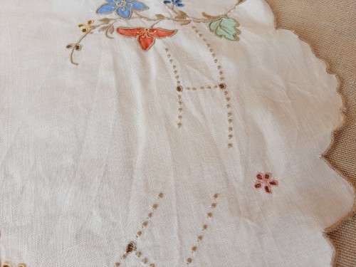 Round embroidered doilie with colourful flowers  46cm