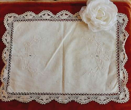 Cream, embroidered tray cloth, crochet edge, faint stain  46 x 33cm
