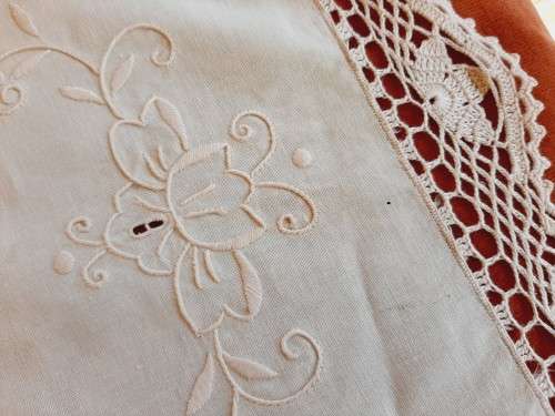 Cream, embroidered tray cloth, crochet edge, faint stain  46 x 33cm