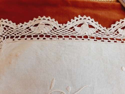 Cream, embroidered tray cloth, crochet edge, faint stain  46 x 33cm