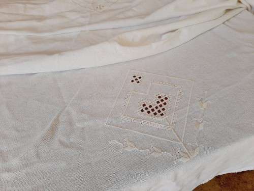 White embroidered tablecloth, damaged  (160 x 260cm)