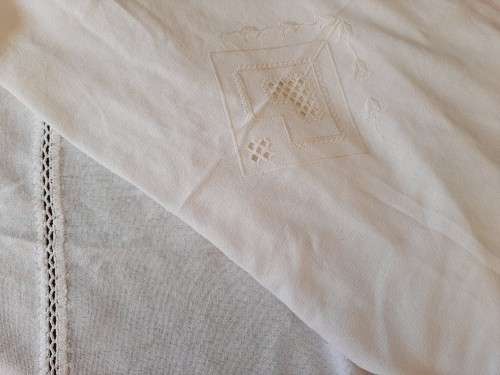 White embroidered tablecloth, damaged  (160 x 260cm)