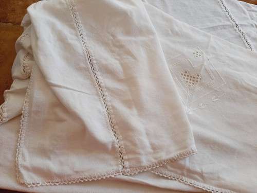 White embroidered tablecloth, damaged  (160 x 260cm)