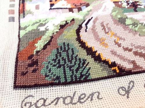 Completed tapestry of country scene 50cm x 32 cm