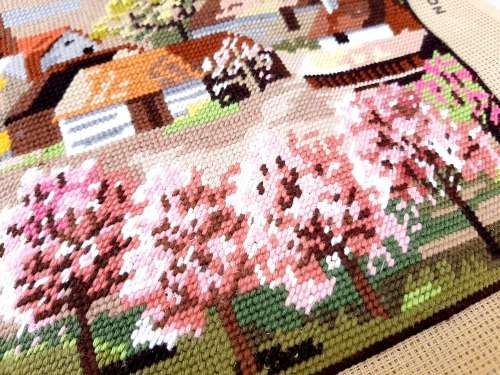 Completed tapestry of country scene 50cm x 32 cm