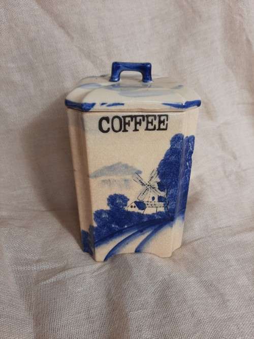 Blue and white cannister - coffee - 17cm high x 11cm x 11cm