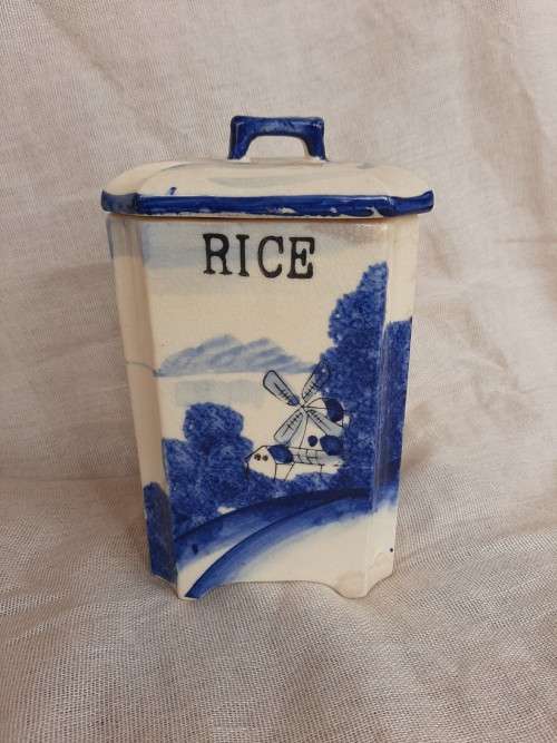 Blue and white cannister - rice - 17cm high x 11cm x 11cm