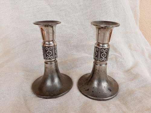 Pair of Norwegian pewter candlestick holders 16cm high