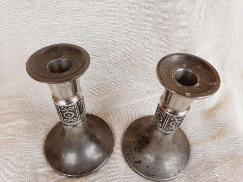 Pair of Norwegian pewter candlestick holders 16cm high