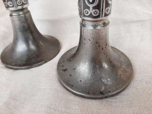 Pair of Norwegian pewter candlestick holders 16cm high