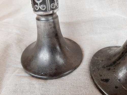 Pair of Norwegian pewter candlestick holders 16cm high