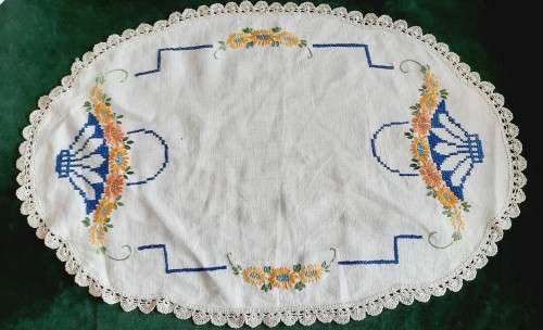 Large, linen embroidered tray cloth - 58 x 38 cm