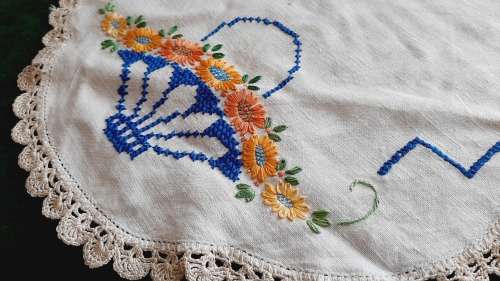 Large, linen embroidered tray cloth - 58 x 38 cm