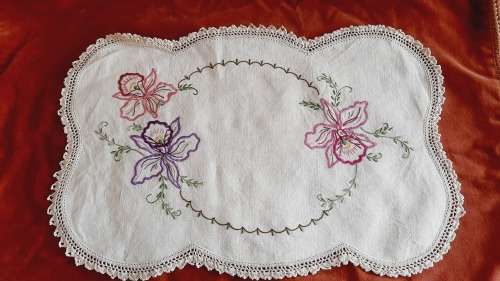 Cream linen embroidered tray cloth with crochet edge-  41 x 26 cm