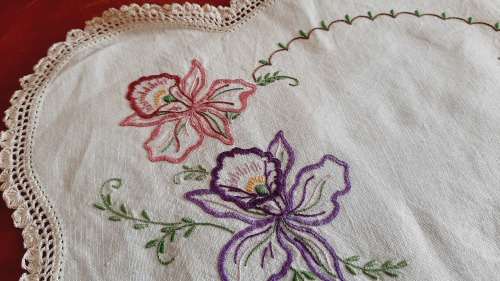Cream linen embroidered tray cloth with crochet edge-  41 x 26 cm