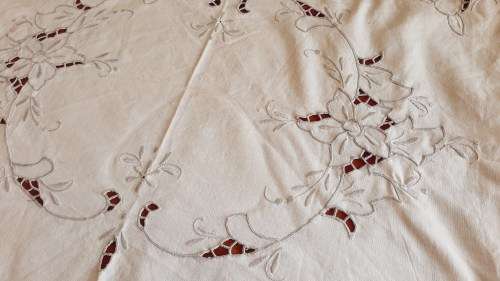 Linen embroidered tray cloth with grey embroidery -  52 x 38 cm