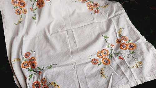 Lovely, linen tablecloth, with flower hand embroidery 76 x 76 cm