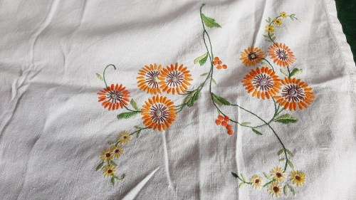 Lovely, linen tablecloth, with flower hand embroidery 76 x 76 cm