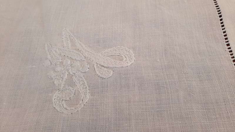 White linen tablecloth with filet crochet edging- square - 95 x 95cm
