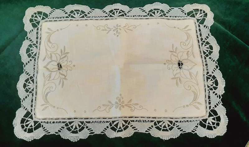 Linen embroidered tray cloth - beige with grey lace edge -  48 x 32 cm