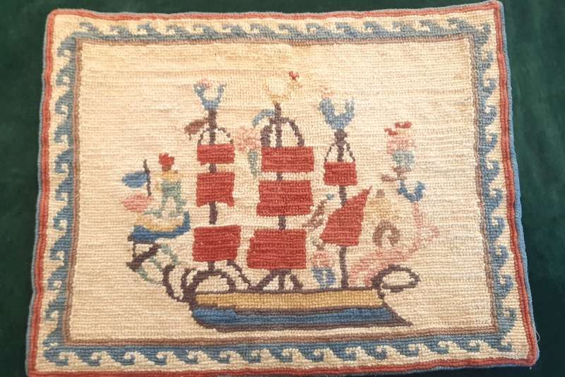 Thick, completed tapestry of a sailing ship 45 x 34 cm