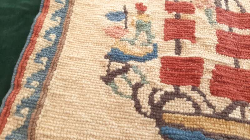 Thick, completed tapestry of a sailing ship 45 x 34 cm