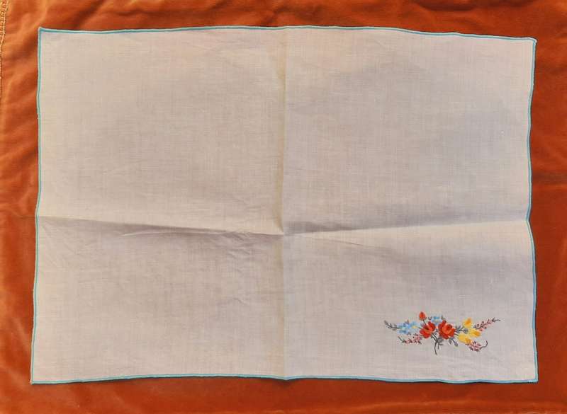 Embroidered tray cloth - white with blue edge -  46 x 34 cm