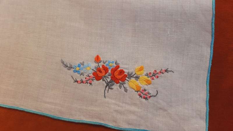 Embroidered tray cloth - white with blue edge -  46 x 34 cm