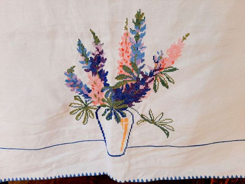 Hand embroidered cross stitch tablecloth (106 x 106cm)
