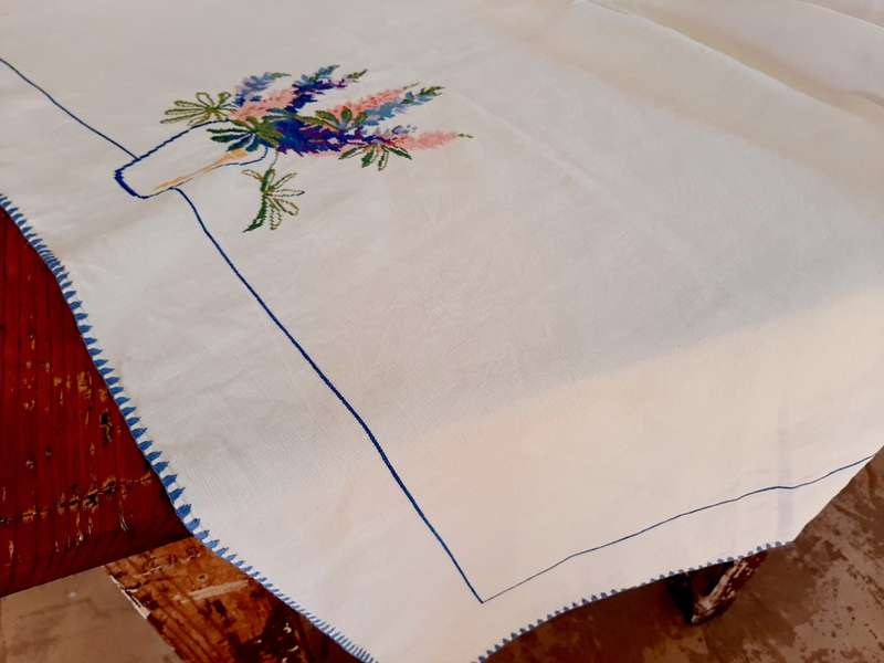 Hand embroidered cross stitch tablecloth (106 x 106cm)