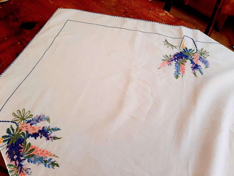 Hand embroidered cross stitch tablecloth (106 x 106cm)